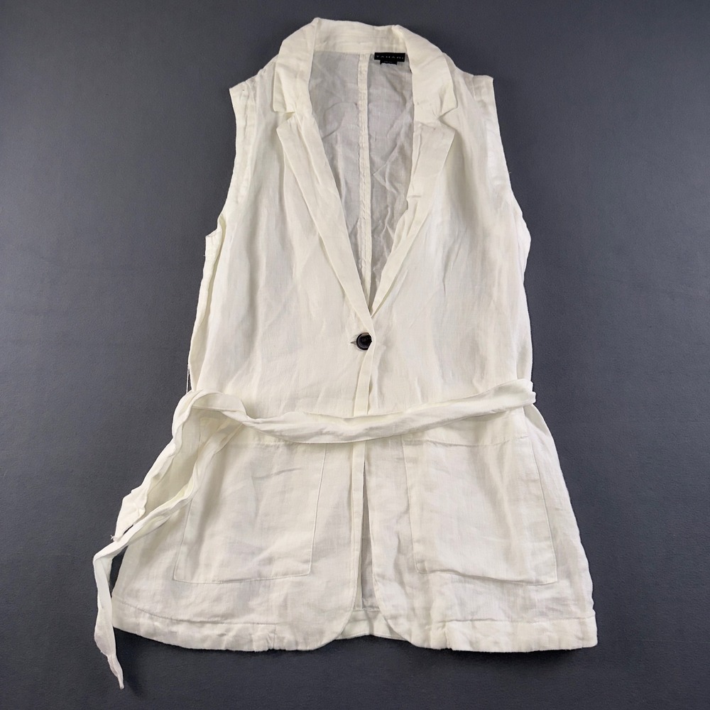 Tahari Womens White 100% Linen Sleeveless Belted Longline Vest Size S